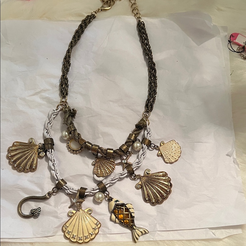 Betsey Johnson White Braided & Antique Gold Layered Shell Necklace